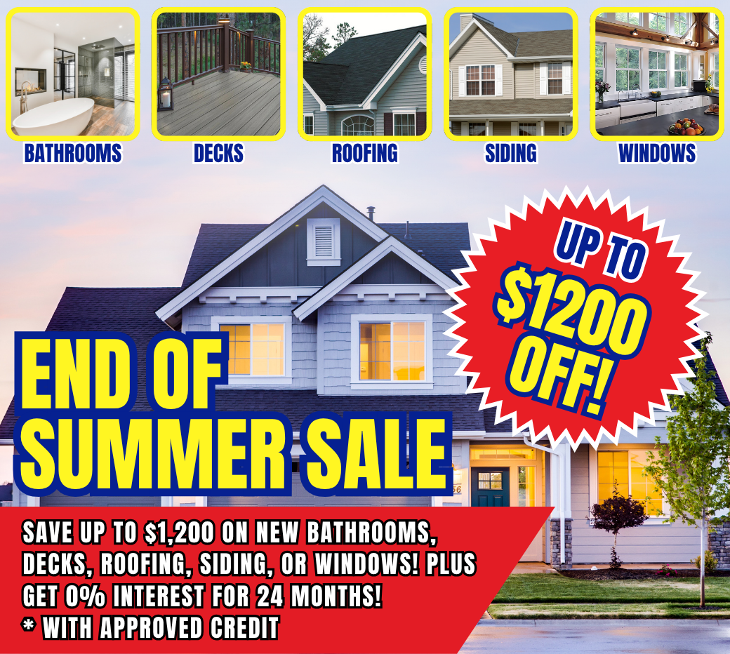 Home improvement promotion offering up to $1,200 off windows, siding, roofing, and decks with 0% interest for 24 months on 8 or more new windows