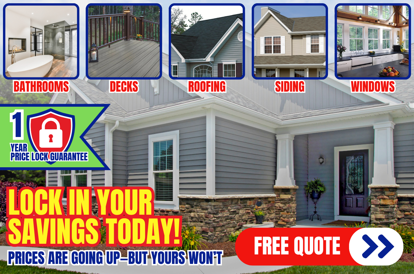 1-Year Price Lock Guarantee from The Acri Company – Lock in today’s low rates for windows, siding, roofing, bathroom remodels, and decking before prices go up. Get a free quote and secure pricing on energy-efficient windows, durable siding, GAF roofing systems, stylish baths, and low-maintenance decks. Protect your budget with a full year of guaranteed savings—available now with fast, free estimates.
