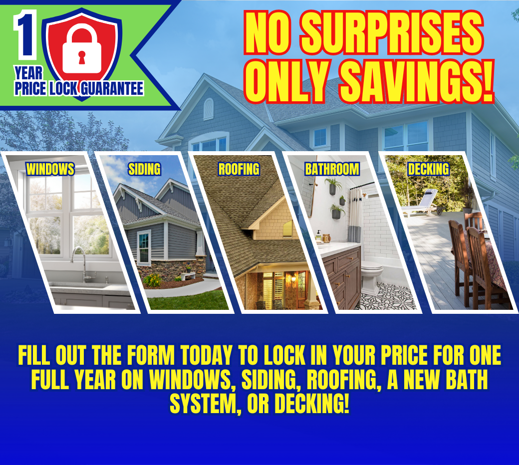 Fill out the form today to lock in guaranteed pricing for one full year on top-rated home improvement services, including energy-efficient replacement windows, vinyl siding, woodgrain steel siding, GAF roofing systems, custom bathroom remodeling, and weather-resistant composite decking. Ideal for Midwest homeowners looking to boost curb appeal, energy savings, and property value.