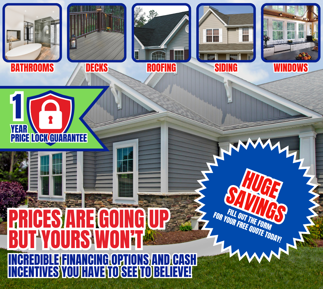 Fill out the form today to lock in your price for one full year on premium windows, siding, roofing, bathrooms, and decking. Perfect for Midwest homeowners who want lasting value, energy savings, and standout curb appeal.